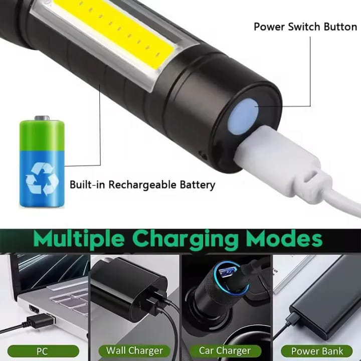 Super Bright USB Rechargeable Plastic Flashlight with Side Light – Compact, Durable &amp; Powerful LED Torch
