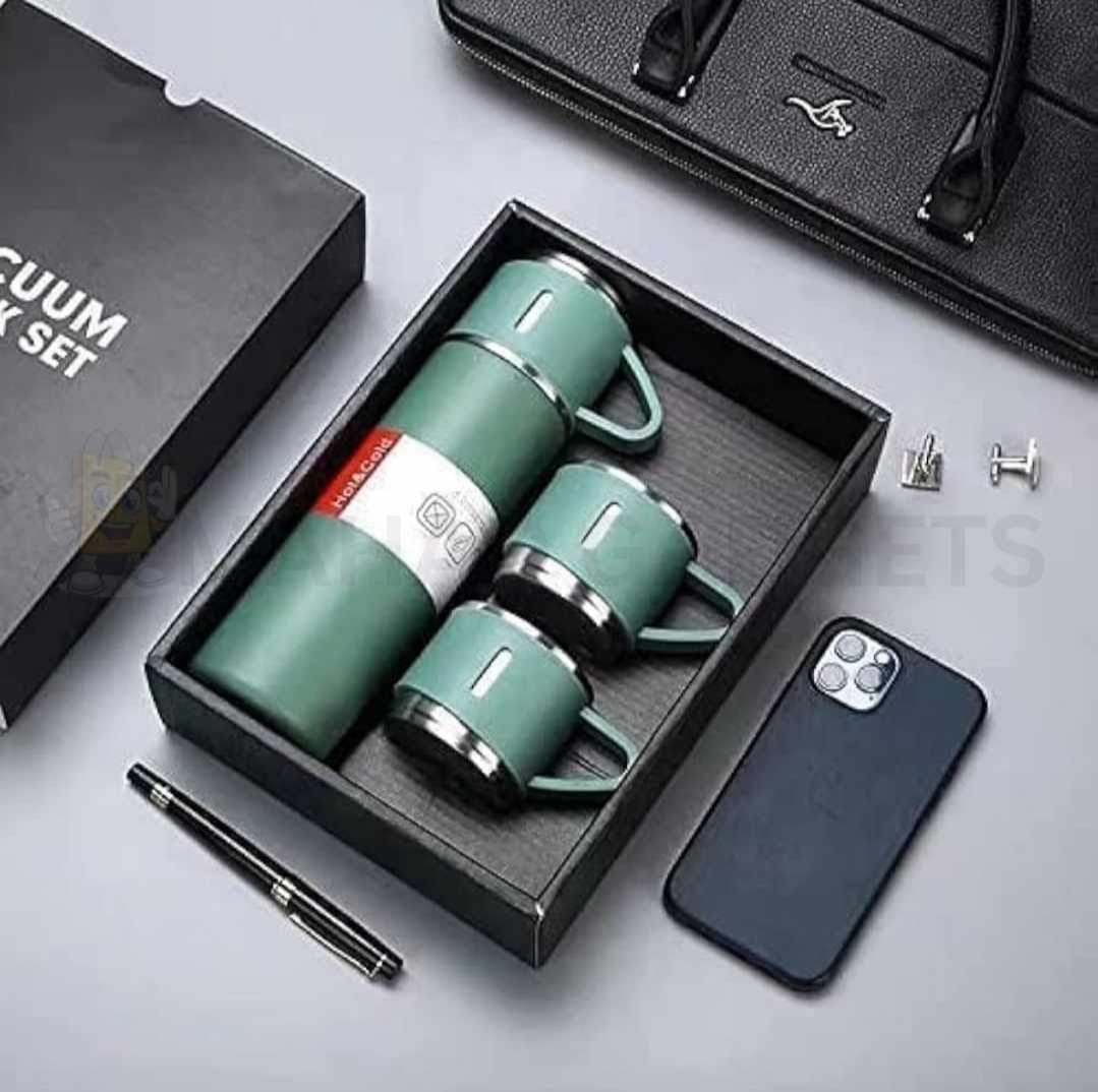 500ml Stainless Steel Vacuum Flask Water Bottle with 2 Extra Cups (160ml) – Thermal Bottle for Hot &amp; Cold Drinks – 3-Piece Travel Thermos Set