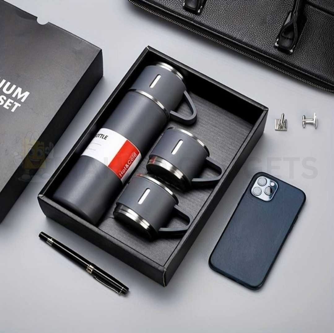 500ml Stainless Steel Vacuum Flask Water Bottle with 2 Extra Cups (160ml) – Thermal Bottle for Hot &amp; Cold Drinks – 3-Piece Travel Thermos Set