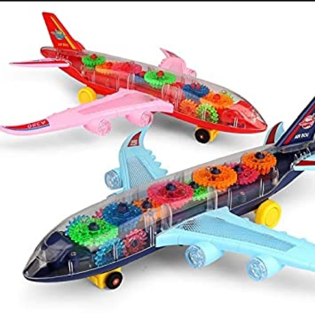 New Trending Transparent Gear Plane Toy – Light Mode, Music, Bump-and-Go Action, 45×46 cm, Battery Operated, for Kids Ages 3 and Up