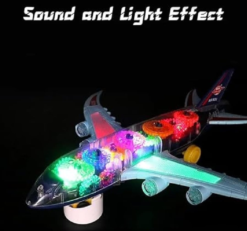 New Trending Transparent Gear Plane Toy – Light Mode, Music, Bump-and-Go Action, 45×46 cm, Battery Operated, for Kids Ages 3 and Up