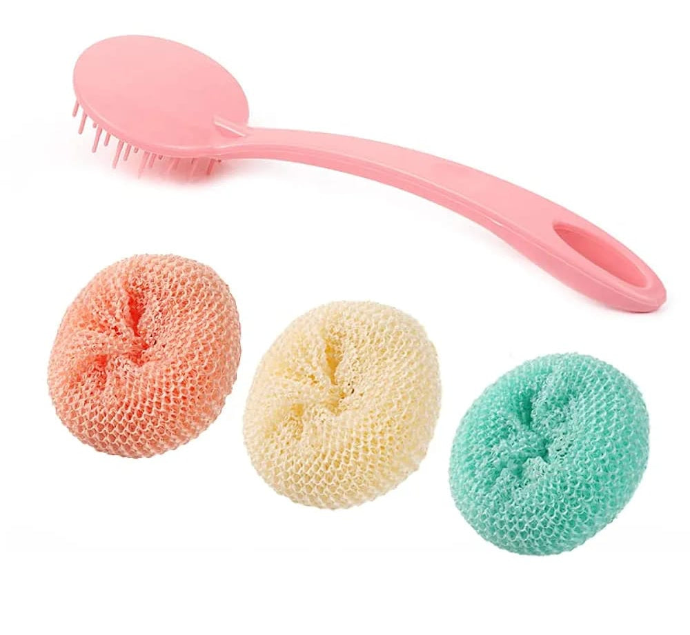 Multipurpose Fiber Cleaning Balls with Long Handle – Reusable Scrubbers for Kitchen &amp; Household Cleaning (1 Handle &amp; 3 Balls)(Random color)