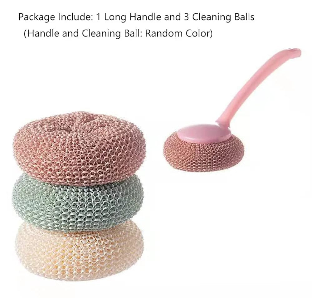 Multipurpose Fiber Cleaning Balls with Long Handle – Reusable Scrubbers for Kitchen &amp; Household Cleaning (1 Handle &amp; 3 Balls)(Random color)