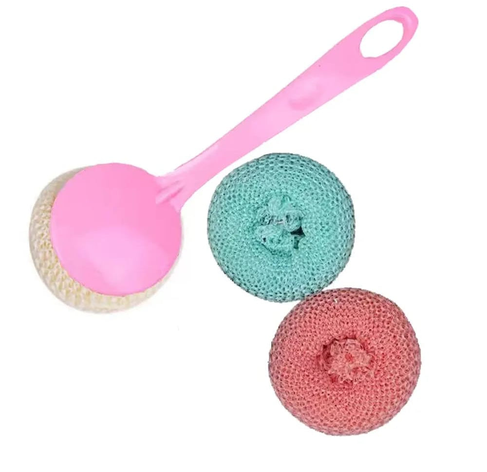 Multipurpose Fiber Cleaning Balls with Long Handle – Reusable Scrubbers for Kitchen &amp; Household Cleaning (1 Handle &amp; 3 Balls)(Random color)