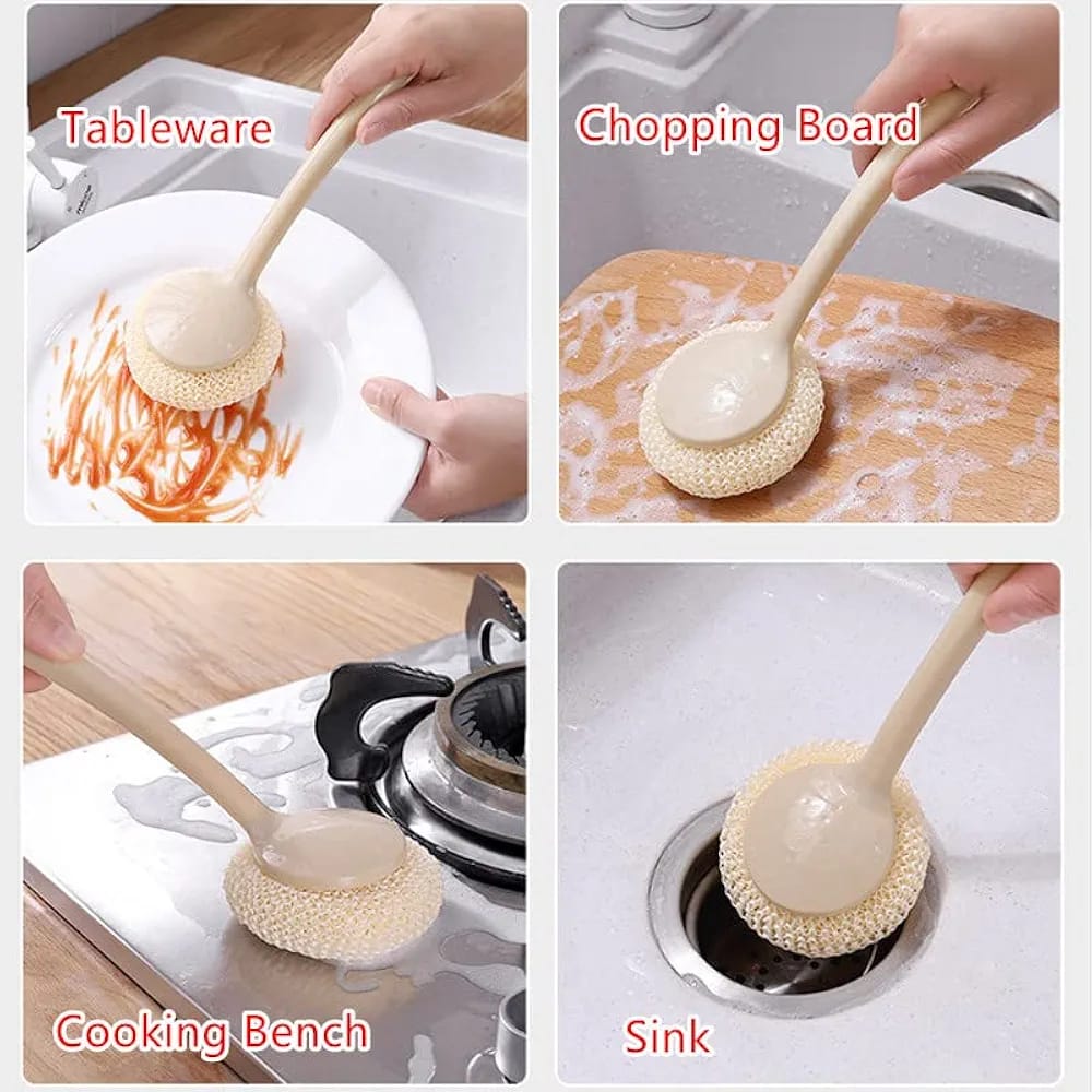 Multipurpose Fiber Cleaning Balls with Long Handle – Reusable Scrubbers for Kitchen &amp; Household Cleaning (1 Handle &amp; 3 Balls)(Random color)