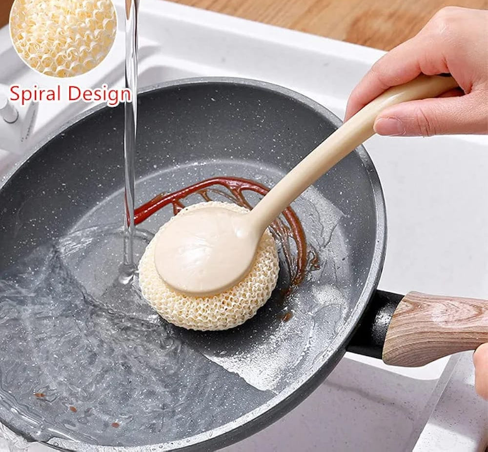 Multipurpose Fiber Cleaning Balls with Long Handle – Reusable Scrubbers for Kitchen &amp; Household Cleaning (1 Handle &amp; 3 Balls)(Random color)