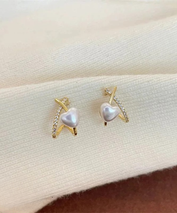 Stylish Minimalist Pearl Heart Earrings – Gold Hoop with Crystal Detailing - Cross Heart Peal Korean Earrings (PJT-993)