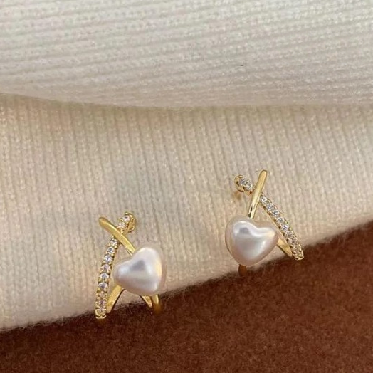 Stylish Minimalist Pearl Heart Earrings – Gold Hoop with Crystal Detailing - Cross Heart Peal Korean Earrings (PJT-993)