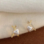 Stylish Minimalist Pearl Heart Earrings – Gold Hoop with Crystal Detailing - Cross Heart Peal Korean Earrings (PJT-993)