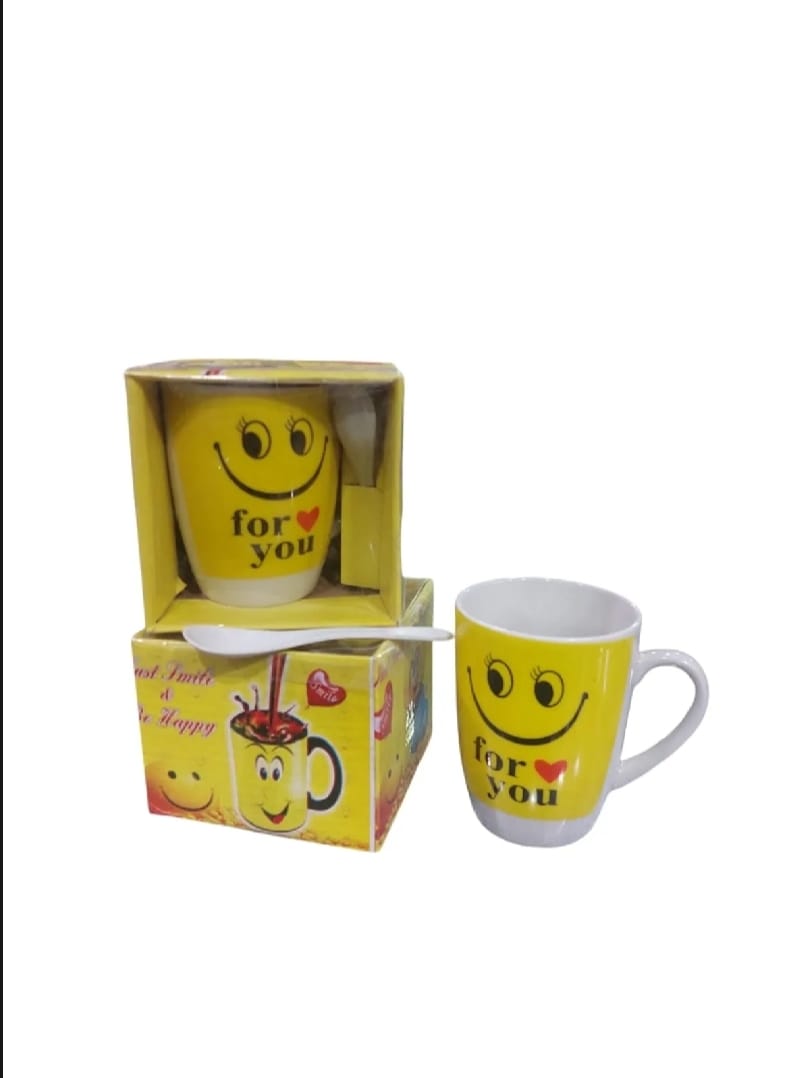 Smart and Cute Emoji Ceramic Smiley Cup with Spoon – Stylish Tea and Coffee Mug, Perfect Gift for Birthday, Celebration, and Decoration (Random Designs)