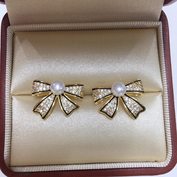 PJT-995 Bow Shape Zircon Pearl Earrings for Women – Korean Style Jewelry with Sparkling Zircon &amp; Classic Pearl Center | Available in Golden &amp; Silver | Perfect Gift for Parties, Weddings &amp; Everyday Fashion