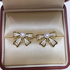 PJT-995 Bow Shape Zircon Pearl Earrings for Women – Korean Style Jewelry with Sparkling Zircon &amp; Classic Pearl Center | Available in Golden &amp; Silver | Perfect Gift for Parties, Weddings &amp; Everyday Fashion