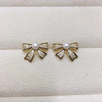PJT-995 Bow Shape Zircon Pearl Earrings for Women – Korean Style Jewelry with Sparkling Zircon &amp; Classic Pearl Center | Available in Golden &amp; Silver | Perfect Gift for Parties, Weddings &amp; Everyday Fashion