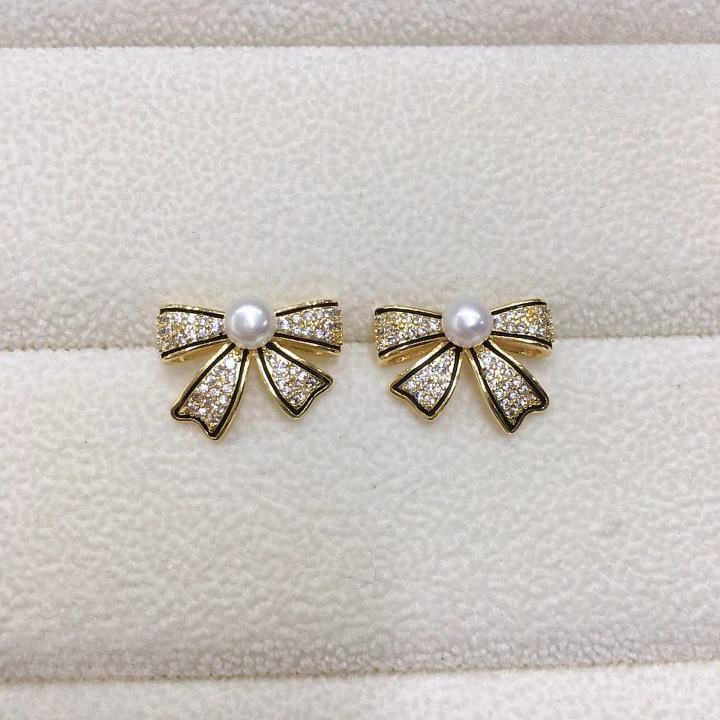 PJT-995 Bow Shape Zircon Pearl Earrings for Women – Korean Style Jewelry with Sparkling Zircon &amp; Classic Pearl Center | Available in Golden &amp; Silver | Perfect Gift for Parties, Weddings &amp; Everyday Fashion
