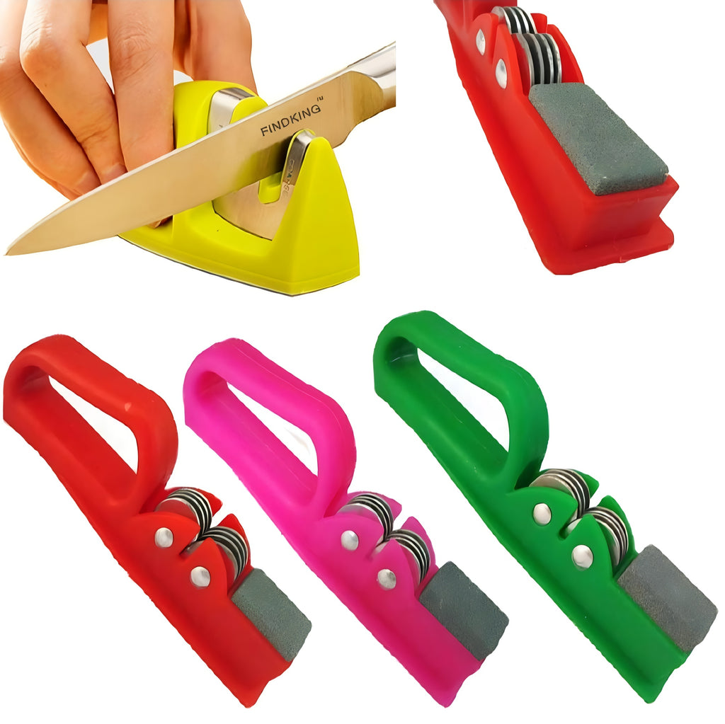 Professional Knife Sharpener with 8-Wheel Blades &amp; Sanding Stone | Durable Plastic Grip, Coarse &amp; Fine Sharpening Slots for Kitchen Knives | Compact &amp; Reliable Knife Filer for Quick Sharpening &amp; Polishing (Random Color)