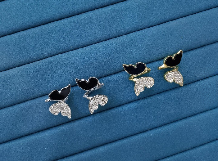 Zircon Butterfly Style Earrings for Women – Elegant Golden &amp; Silver Studs with Black Enamel and Sparkling Stones (AWJ-997)