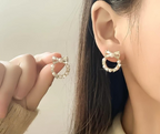 Pearl Bow Korean Zircon Earrings for Women – Elegant Bowknot Design with Sparkling Zircon and Pearl Accents | Premium Golden and Silver Fashion Jewelry for Weddings, Parties, and Everyday Wear | AXT-100