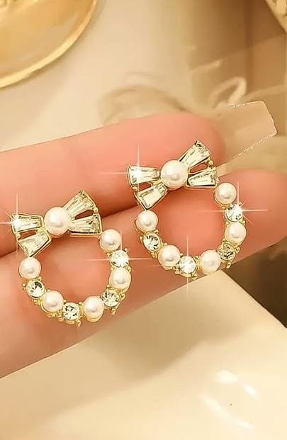 Pearl Bow Korean Zircon Earrings for Women – Elegant Bowknot Design with Sparkling Zircon and Pearl Accents | Premium Golden and Silver Fashion Jewelry for Weddings, Parties, and Everyday Wear | AXT-100