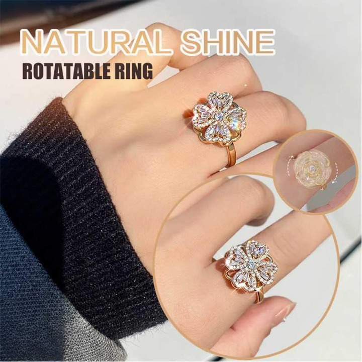 Clover Zircon Rotating Ring – Elegant Adjustable Spinner Ring for Women &amp; Girls, Silver &amp; Golden Finish (QSJ-110)