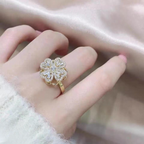 Clover Zircon Rotating Ring – Elegant Adjustable Spinner Ring for Women &amp; Girls, Silver &amp; Golden Finish (QSJ-110)