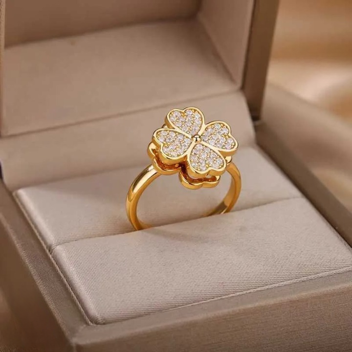 Clover Zircon Rotating Ring – Silver &amp; Golden, Adjustable Spinner Ring for Women (PWJ-111)