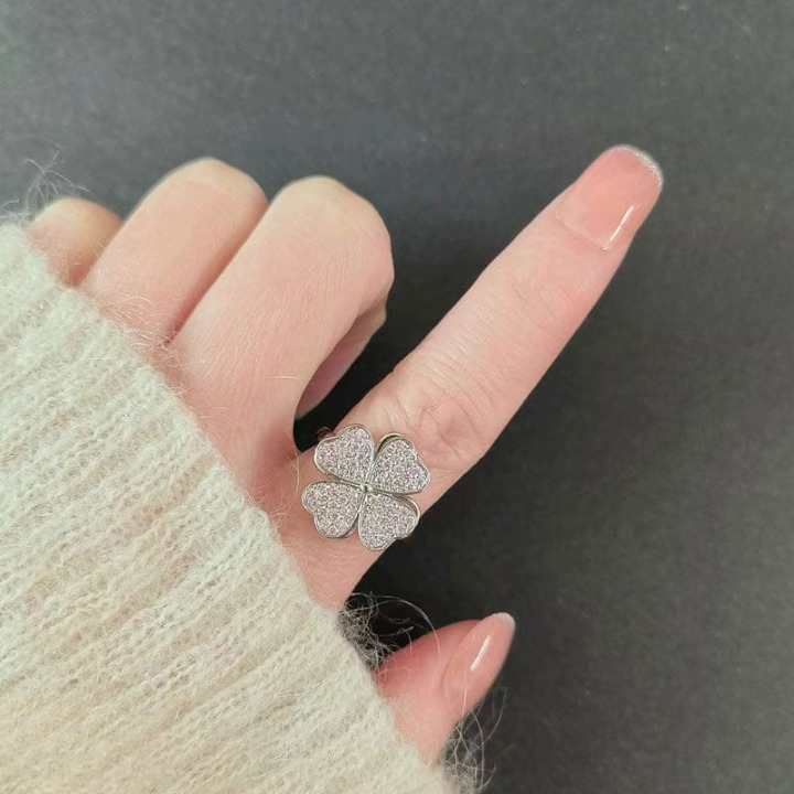 Clover Zircon Rotating Ring – Silver &amp; Golden, Adjustable Spinner Ring for Women (PWJ-111)