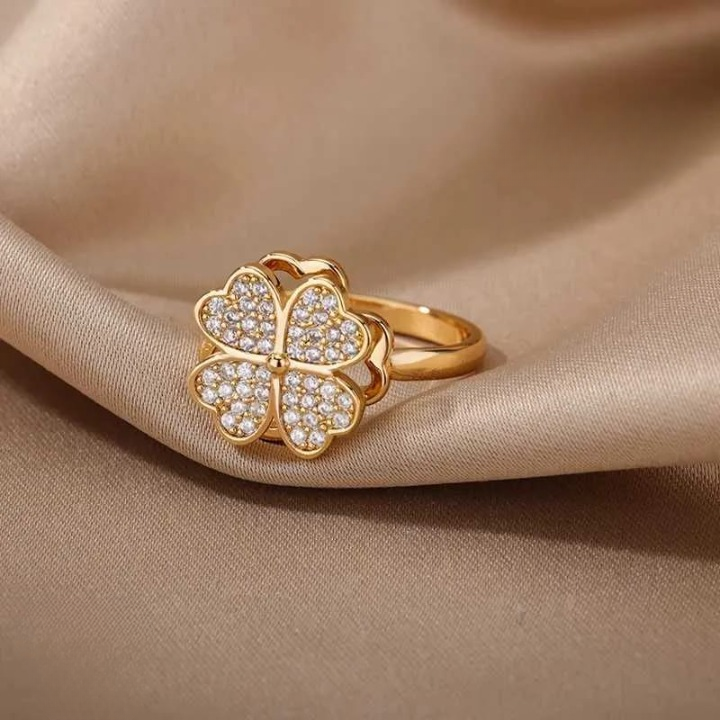 Clover Zircon Rotating Ring – Silver &amp; Golden, Adjustable Spinner Ring for Women (PWJ-111)