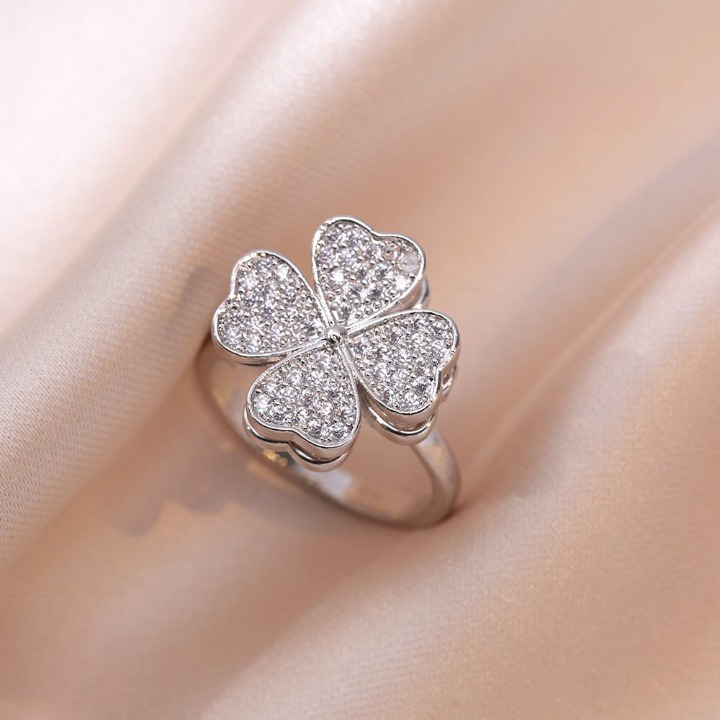 Clover Zircon Rotating Ring – Silver &amp; Golden, Adjustable Spinner Ring for Women (PWJ-111)
