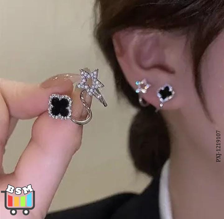 Sparkling Clover Star Earrings – Gold Plated Fashion Jewelry with Black Enamel &amp; Crystal Detailing ( PXJ-107)