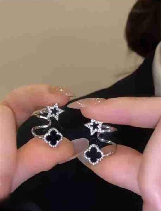 Sparkling Clover Star Earrings – Gold Plated Fashion Jewelry with Black Enamel &amp; Crystal Detailing ( PXJ-107)
