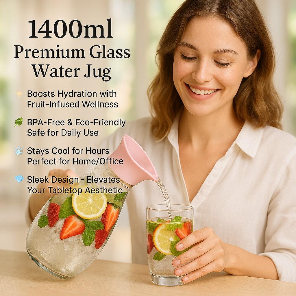 1400ml Hard Glass Water Jug with Lid – Heat-Resistant Pitcher for Water, Juice, Iced Tea, Milk &amp; Beverages