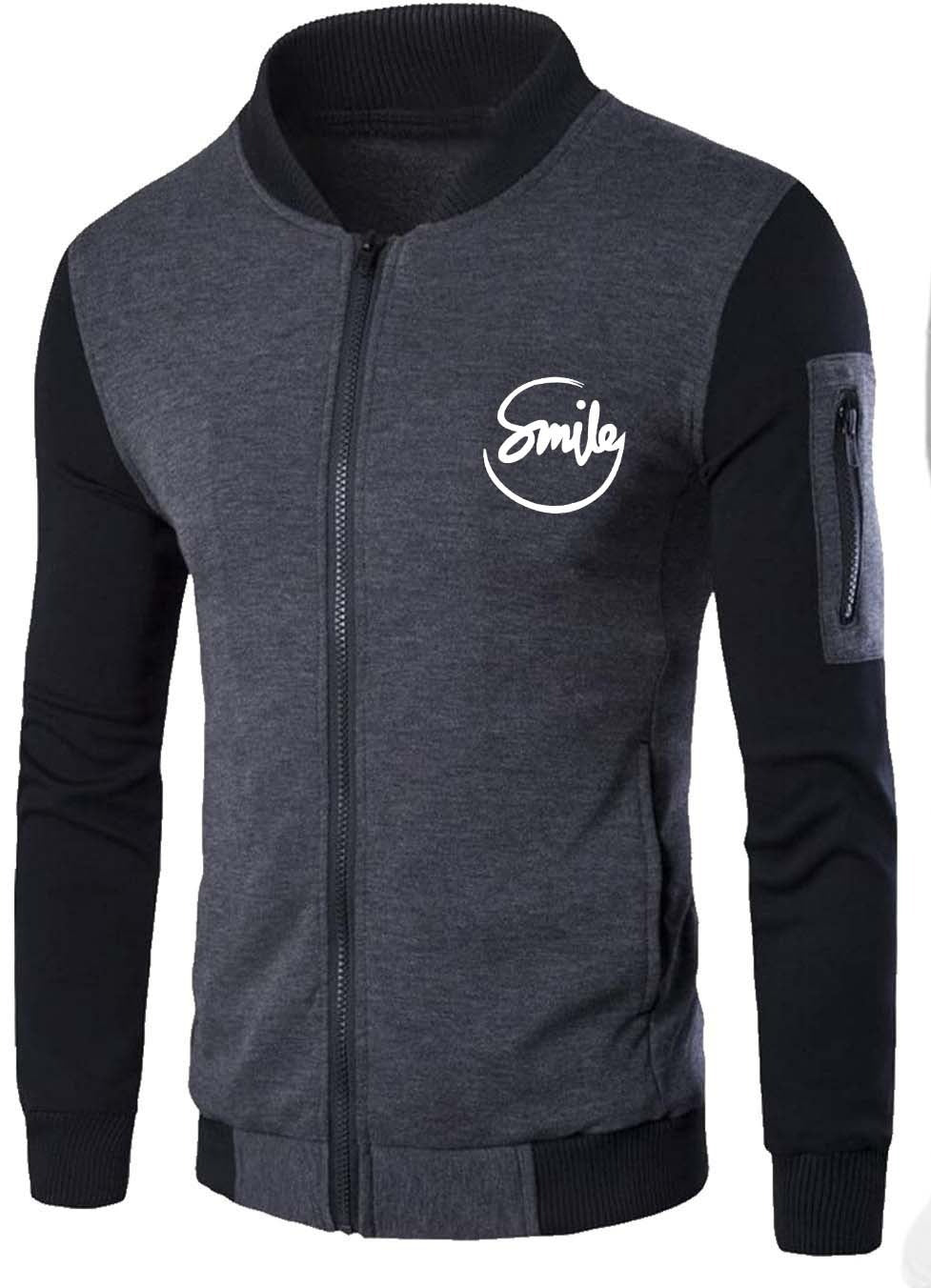 New Winter Collection Charcoal Grey “Smile” Printed Zipper Jacket for Men &amp; Boys – Premium French Fleece, Stylish, Warm &amp; Comfortable Winter Wear (M, L, XL)