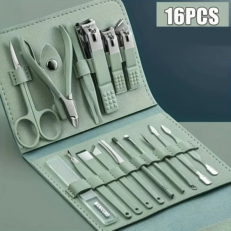 16pcs Professional Manicure &amp; Pedicure Set – Nail Clippers, Cuticle Nippers &amp; Grooming Tools with Travel Case (Random color)