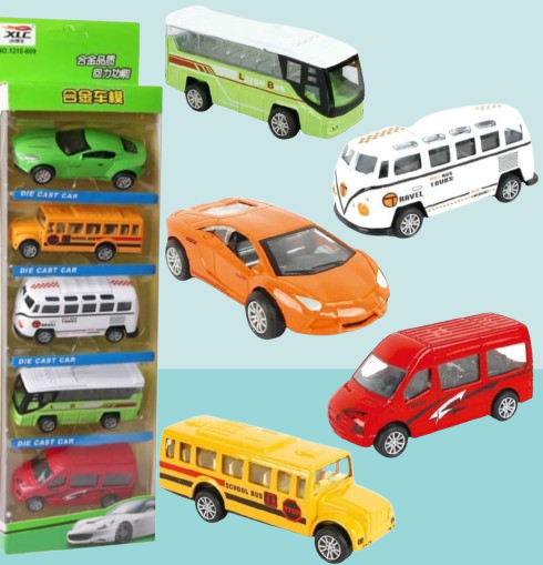 5-Piece Die Cast Metal Car and Bus Set – 1:64 Scale City Vehicle Collection for Kids – Pull Back &amp; Release – Durable Metal &amp; Plastic Construction – Educational Toy for Ages 3+