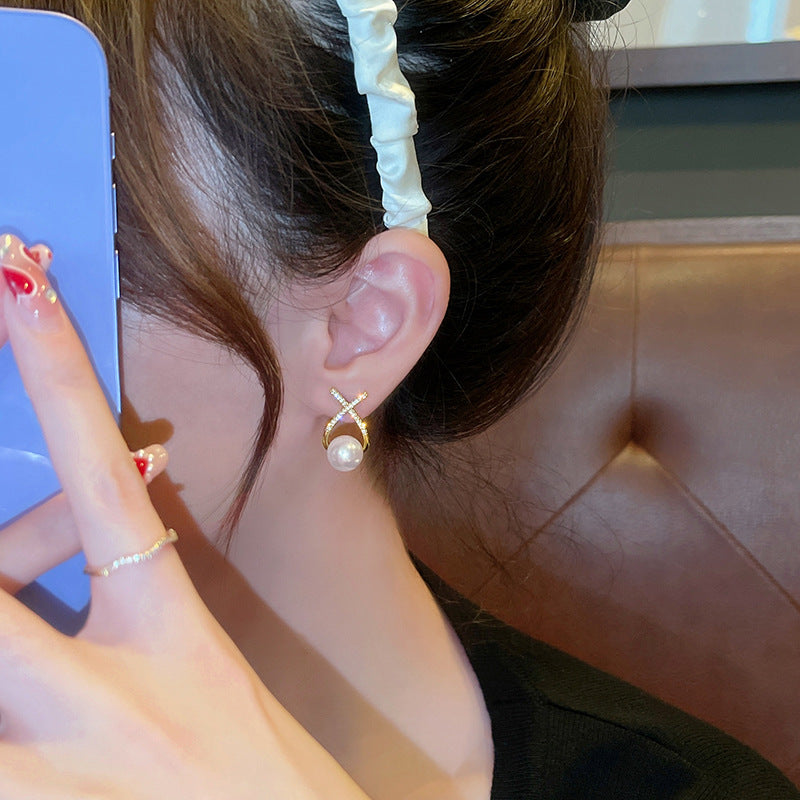 Elegant Golden Cross Pearl Zircon Earings Pearl Stud Earrings Women Personality Fashion Unique Design Earrings | Earrings for Women Fashion | Luxury Look Artificial Earrings | Women Earrings