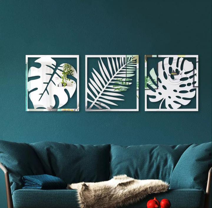 Beautiful Acrylic Mirror Leaf Wall Art Frame Set | 3-Piece Decorative Modern Home Décor