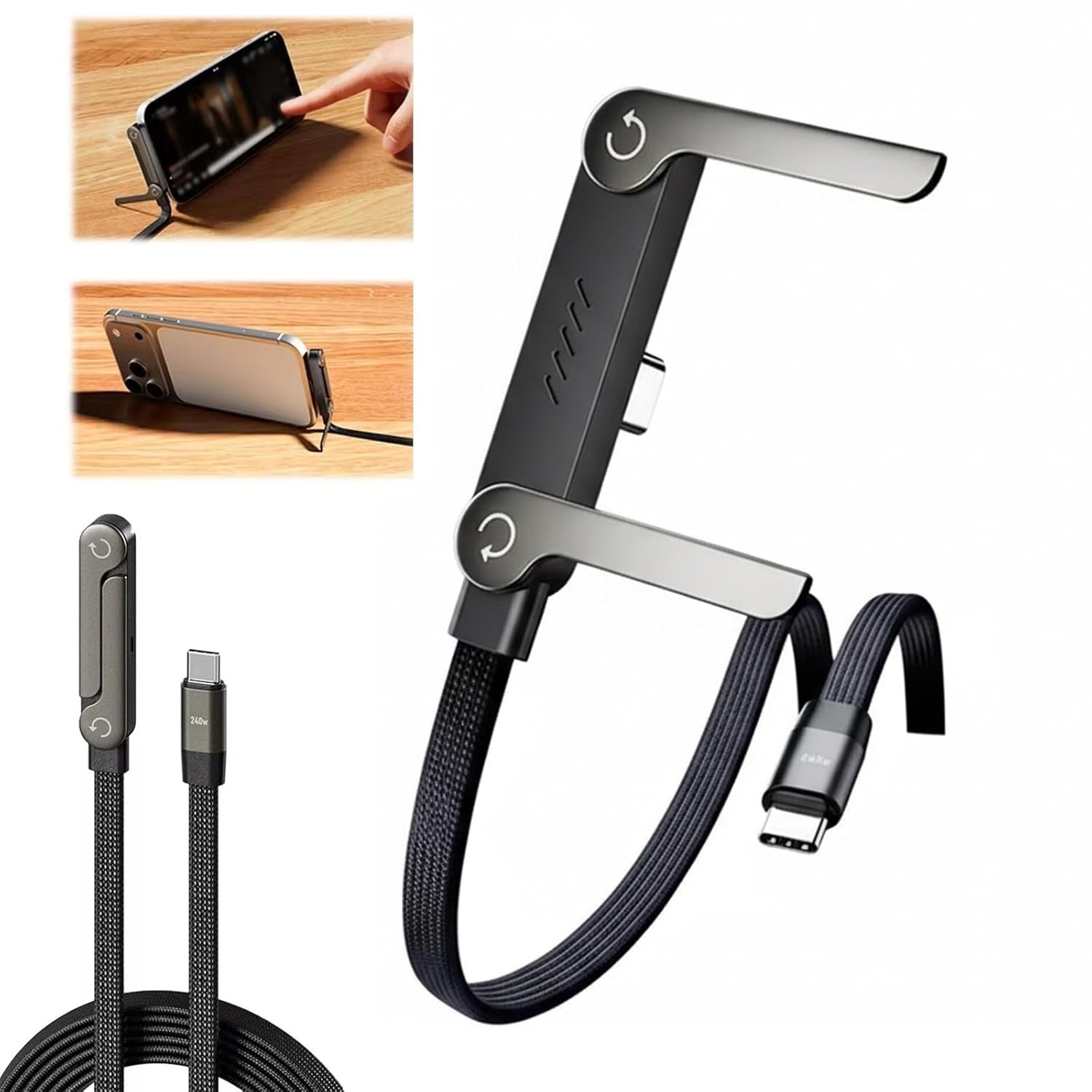 240W 2-in-1 USB-C Fast Charging Cable With Foldable Bracket | Type-C Data Cable & Desktop Holder