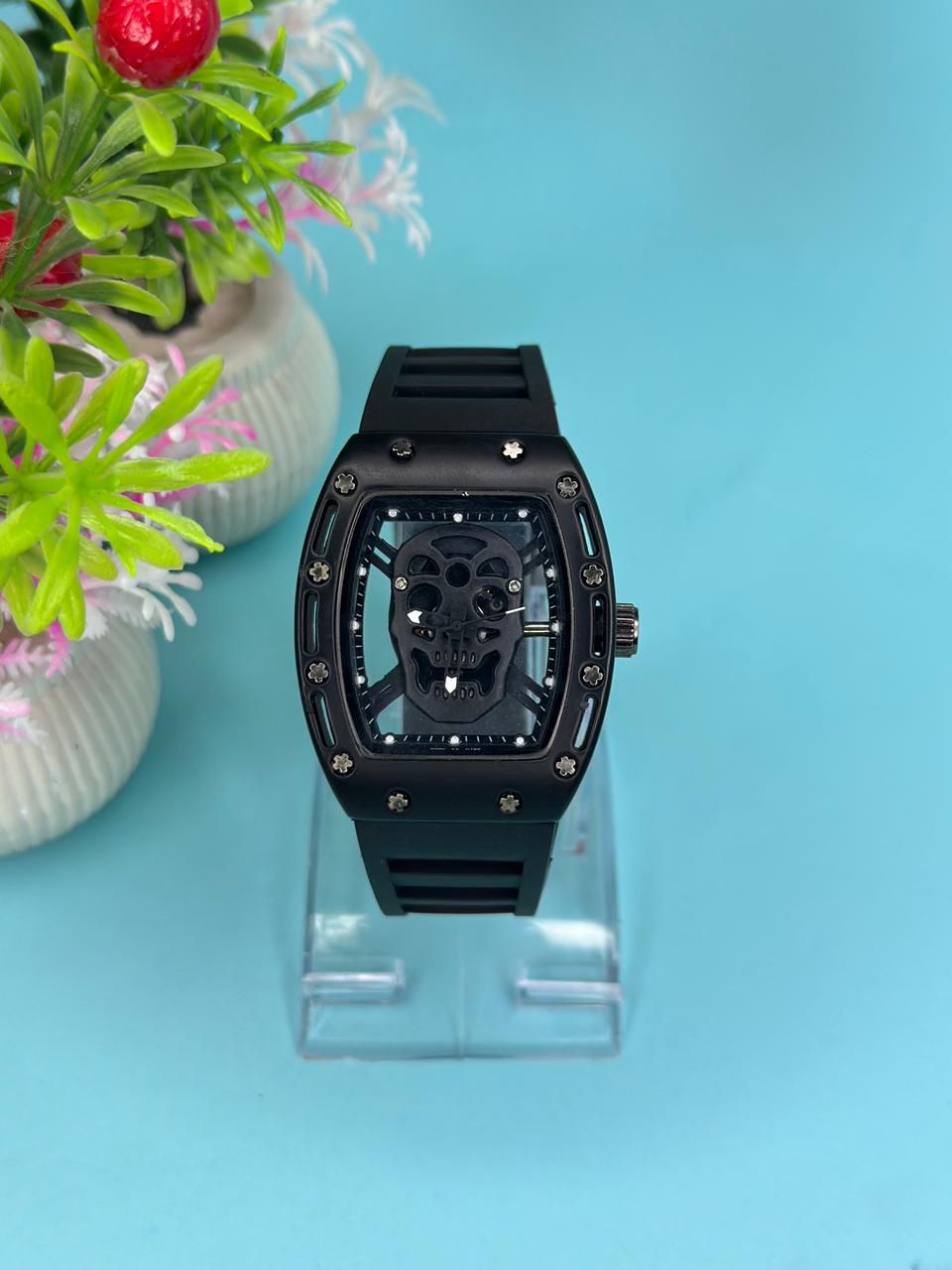 Luxury Non-Waterproof Skull Skeleton Concept Watch – Bold Tonneau Case with Sporty Silicone Strap (Without Box)