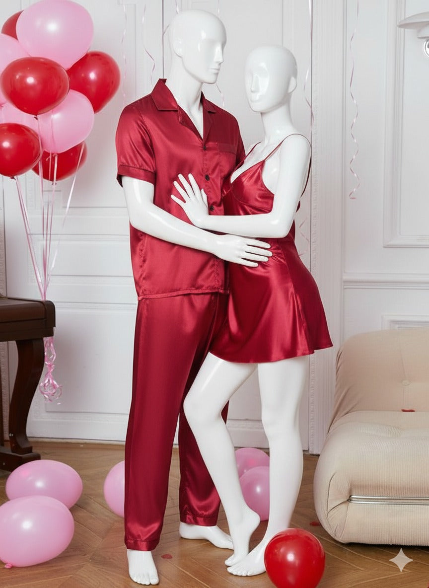 Couple Matching Sleepwear Set – Nightdress & Pajama Suit | SKU DC-C001 (3 Pcs)