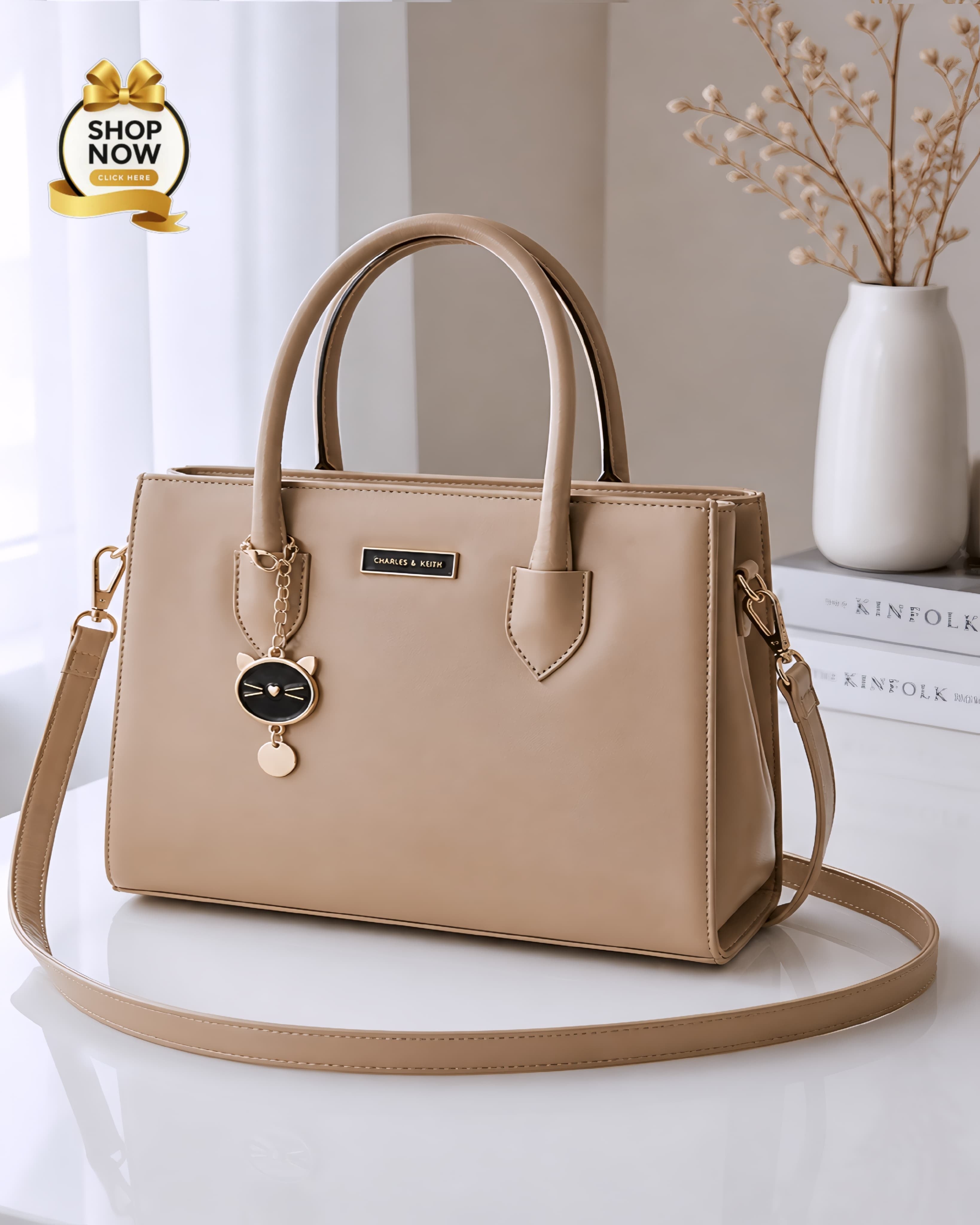 Charles And Keith 2 Zipper Bag Leatherette Handbag With Small Cat Charm And Detachable Shoulder Strap