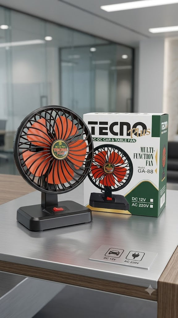 TECNO Plus GA-88 Portable AC/DC Table Fan – 12V Car & 220V Home Fan | Adjustable Mini Desk Fan for Office, Travel & Load Shedding