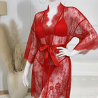 3 Piece Net Gown Set with Bra & Panty | Soft Lace Robe Lingerie | Free Size (fit upto 38 chest)