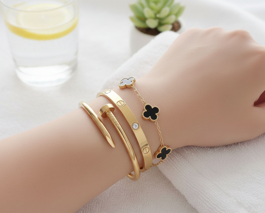 3 PC Stainless Steel Bangle Set for Women: Elegant Gold-Tone Stackable Jewelry.