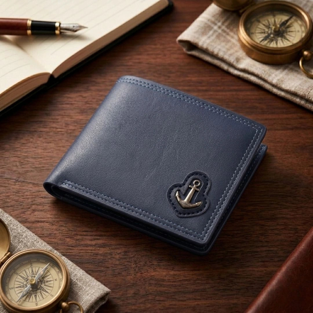 Anchor Emblem Bifold Leather Wallet with Box – Multi Card Slots, Cash Pocket & Zipper Pocket