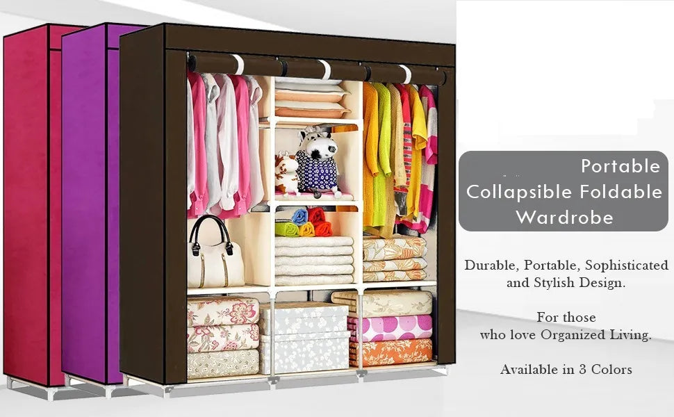 Portable Storage Cabinet 3 Door Large Size 5 by 4 Ft | Aluminum Rods and Fabrics Wardrobe Stand