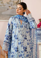 Malina Embroidered Luxury Lawn Unstitched 3Pc Suit – Ice Blue Floral Digital Print with Chiffon Dupatta