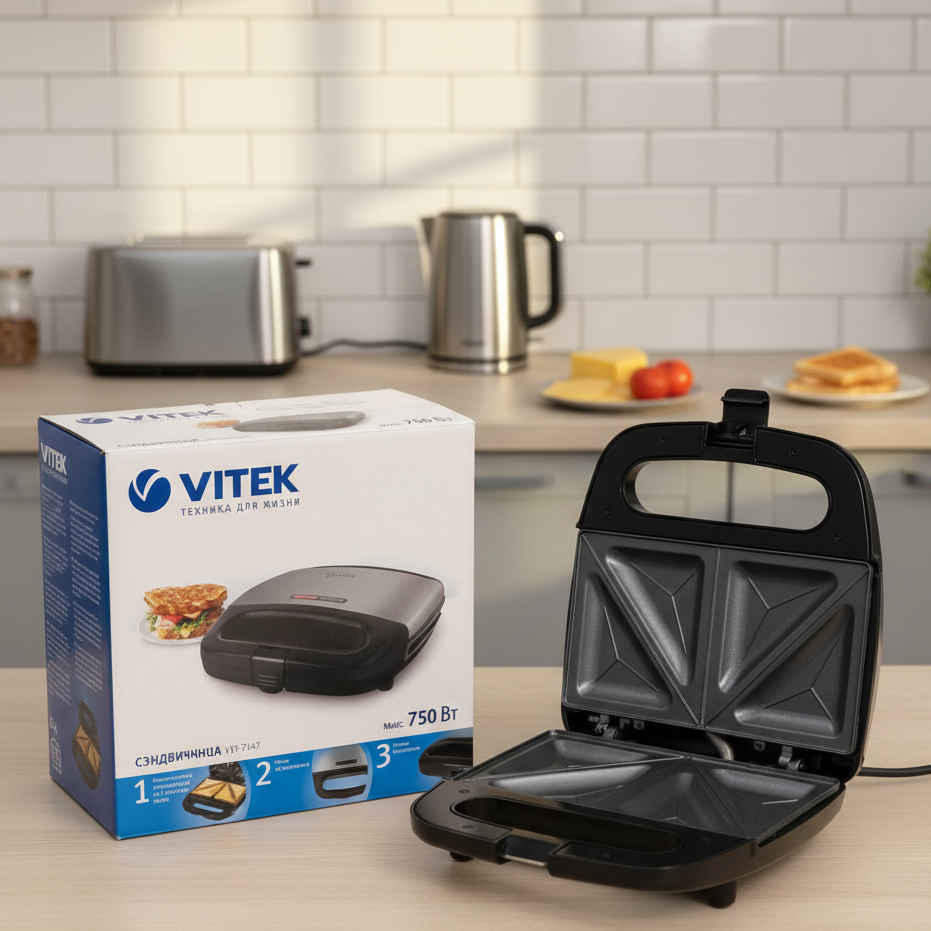 Vitek VT‑7147 Sandwich Maker | 750W | Non-Stick Plates | 4 Triangular Toasts | Compact & Safe Design