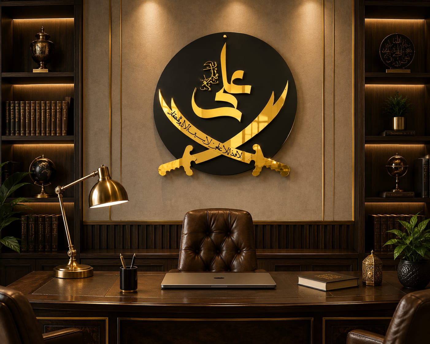 Premium Gold Acrylic & Black Wood Zulfiqar Wall Art – Islamic "Ali" Calligraphy