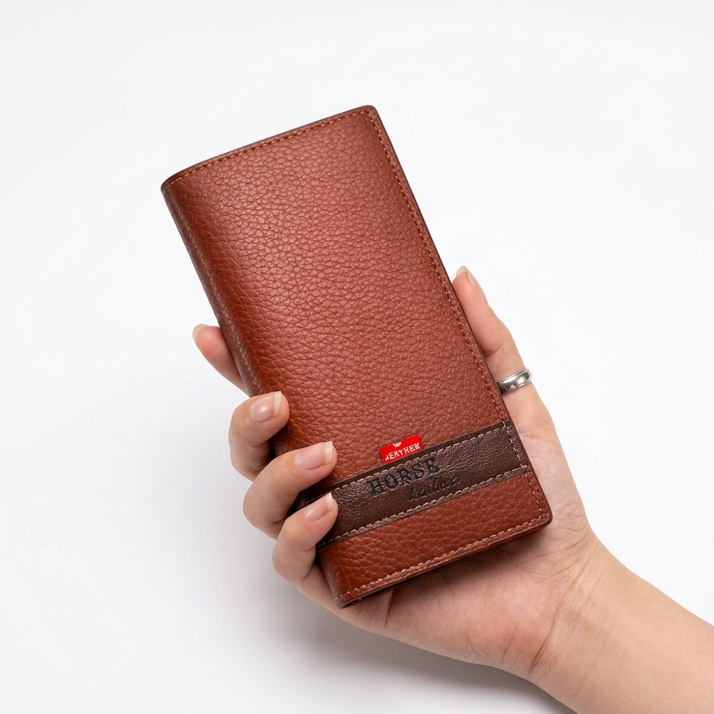 Long Wallet Purse – Contrast Band Design with Card Slots & Zipper Pocket