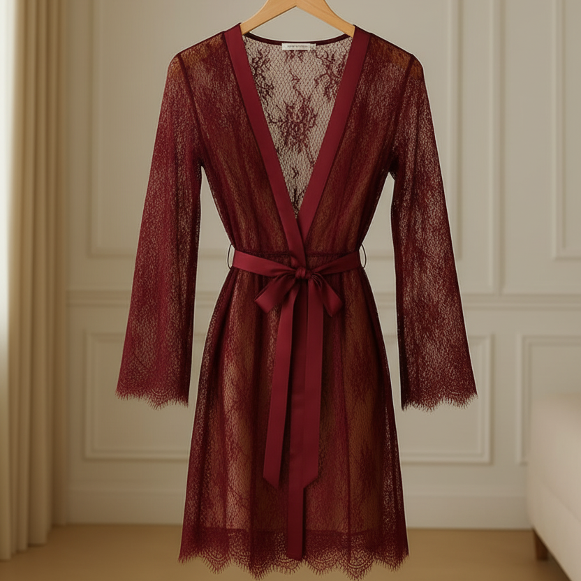 Single Pcs Women’s Net Transparent Sheer Lace Robe Gown – Long Sleeve Free-Size Nightwear With Satin Belt For Elegant And Stylish Comfort (DC-1051)